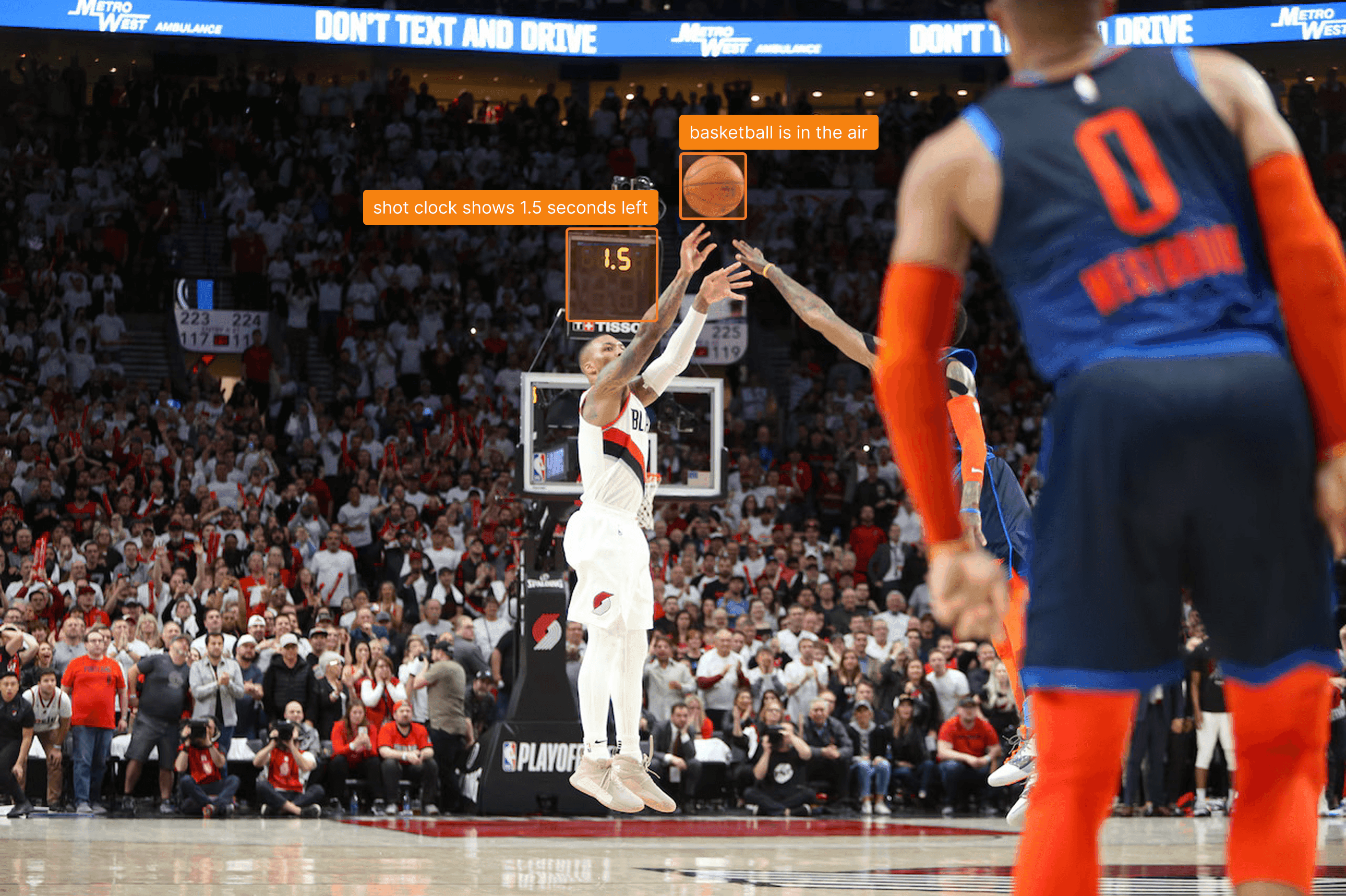 Basketball game annotated with the ball in the air and 1.5 seconds left on the shot clock.