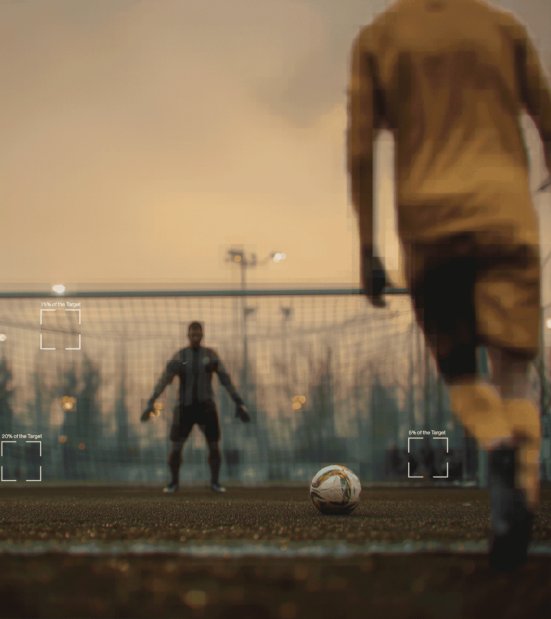 A soccer penalty with the possible goal targets annotated by percentage.